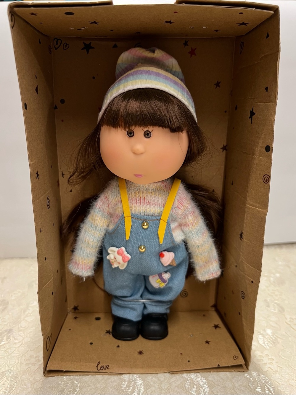 New, Mia Potato Doll in Pastel Striped Hat and Blue Overalls
